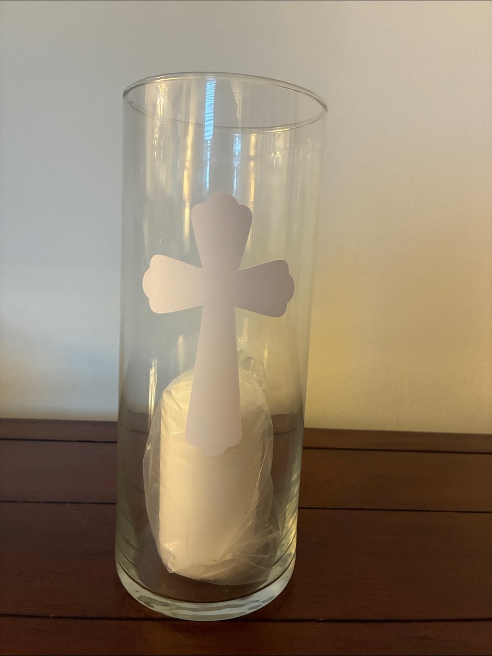 Clear Glass Hurricane Vase with White Cross Accent and White Candle